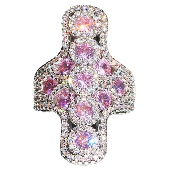 925 Silver Pink Cross Zircon Statement Ring - Picture 8 of 11